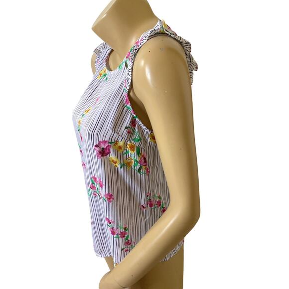 ELLE Womens Size XS Sleeveless Ruffled Striped Floral Print Tank Top Shirt - Picture 2 of 7